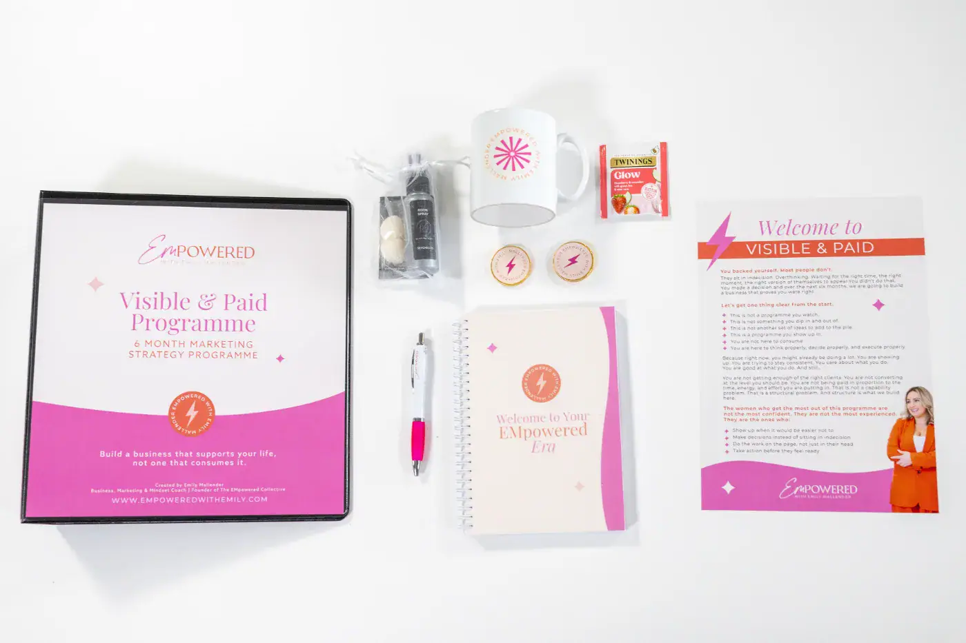 EMpowered welcome pack: binder, mug, notebook and room spray